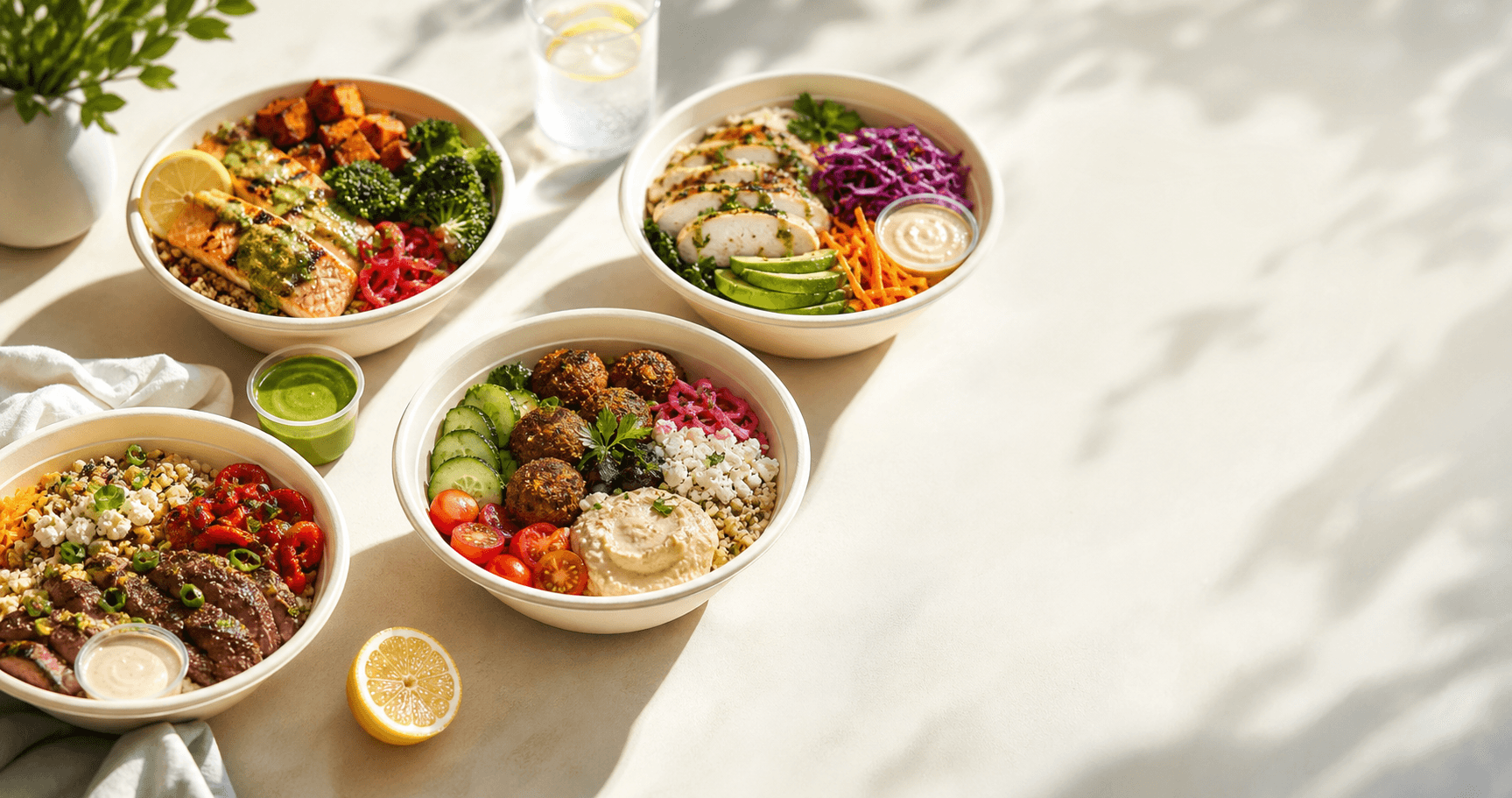 Fresh prepared meal bowls on a sunlit table